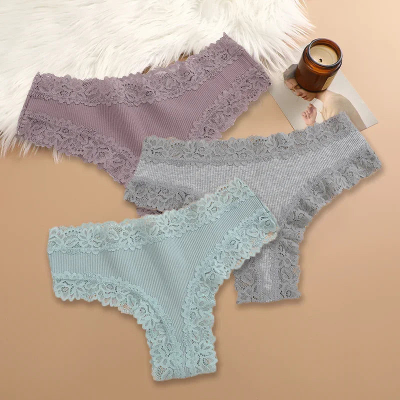 3PCS Women Cotton Lace Panties – Floral Patchwork Soft Briefs, Trendy Intimate Underwear Lingerie S-XL