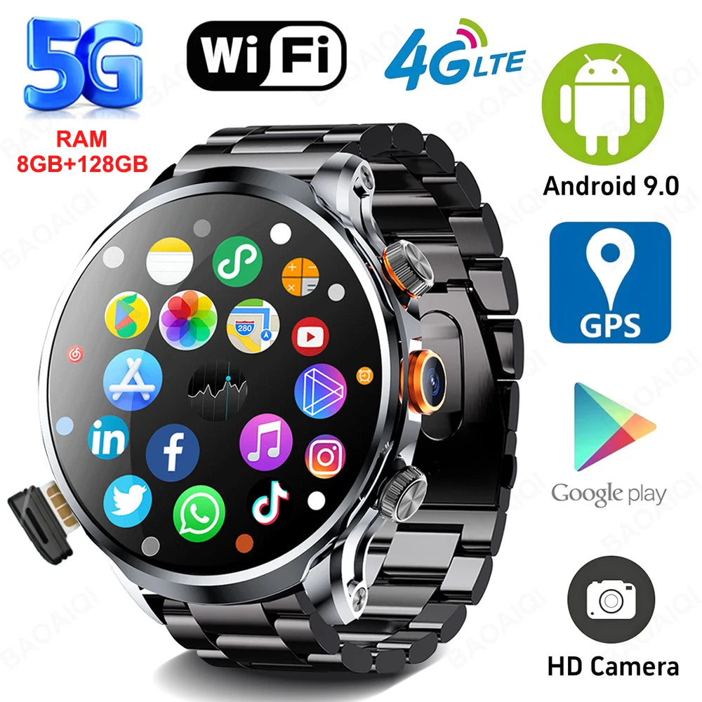 5G/4G Smart Watch 1.95 inch AMOLED 1100mah Battery 8GB+128GB RAM 500W Camera GPS WIFI Google APP Download Smartwatch Android 9.0