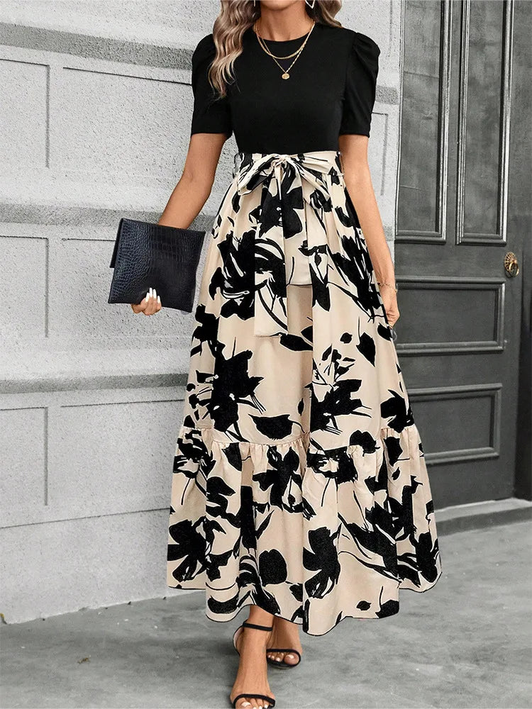 NEW Women's Round Neck Long Sleeve Dress, Patchwork Print & Pleated Maxi Dress With Waist Bow For Spring & Fall