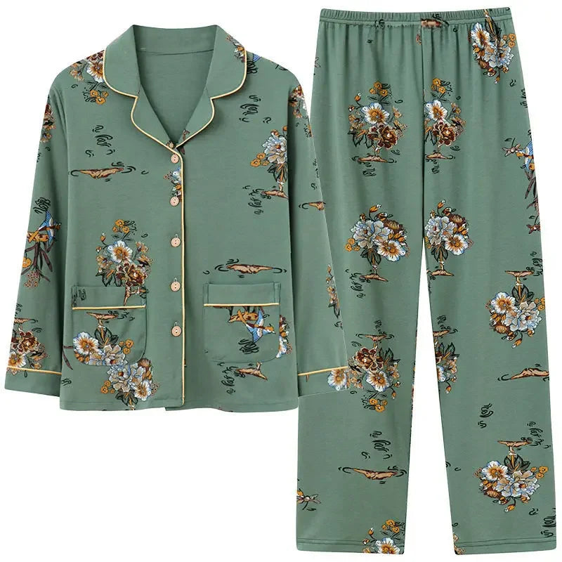 Autumn Women's 100% Cotton Long Sleeve Pajama Set Middle-aged Elderly Thin Cardigan Suitable For Home Wear