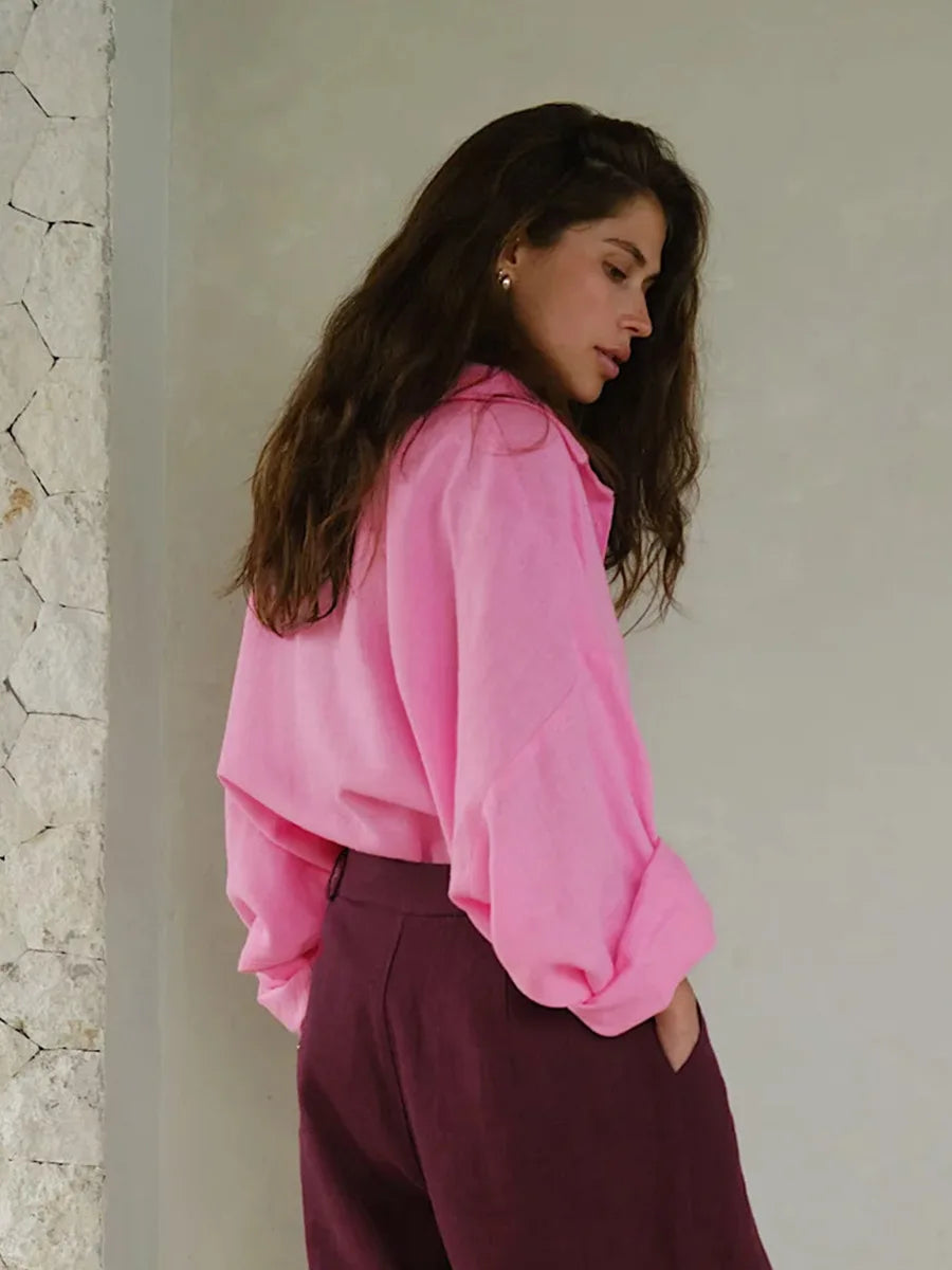 Bornladies 100% Cotton Spring Summer Versatile Lazy Casual Shirt Women's Fashionable Solid Color Loose Shirt Cardigan Shirt