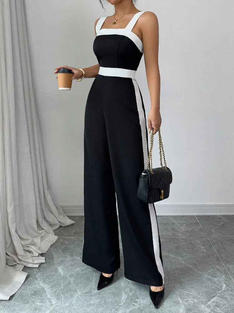 Women’s Contrast-Trim Jumpsuit – Square Neck, Wide Leg