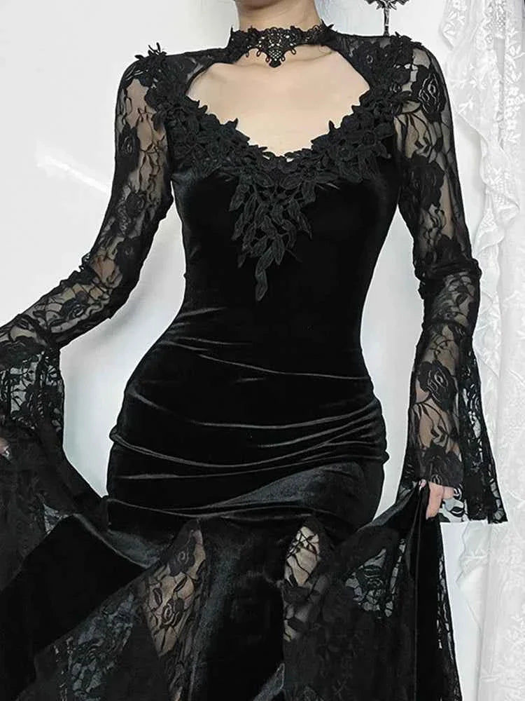 AltGoth Gothic Midi Dress - Elegant Lace Patchwork & Sheer Flare Sleeves, High-Waisted Clubwear for a Stunning Look