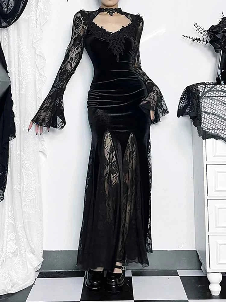 AltGoth Gothic Midi Dress - Elegant Lace Patchwork & Sheer Flare Sleeves, High-Waisted Clubwear for a Stunning Look
