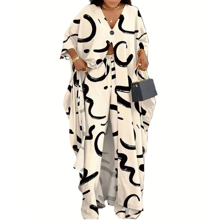 Spring Summer New Women's V-neck Loose Long Sleeved Top Letter Printing Fashion Casual Open Front Women's Pants Set