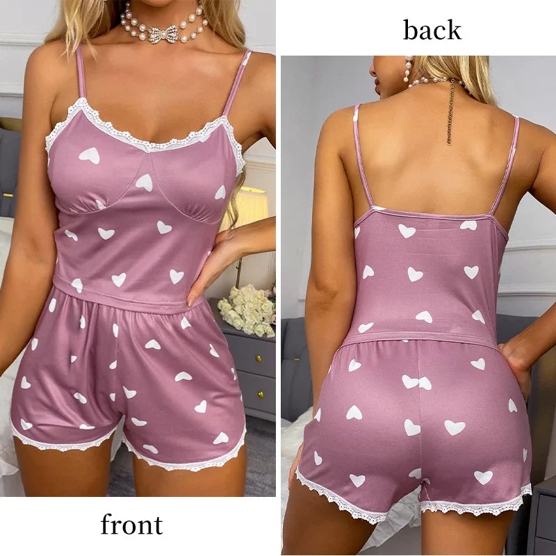 Women's Two-Piece V-Neck Suspender Lace Lace Printed Top and Shorts Women's Casual Printed Pajama Set