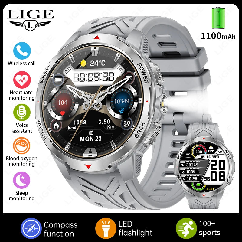 LIGE New 1100mAh Battery Smart Watches For Man Outdoor Sport LED Flashlight Compass Men’s Smartwatch Bluetooth Call Men Watches