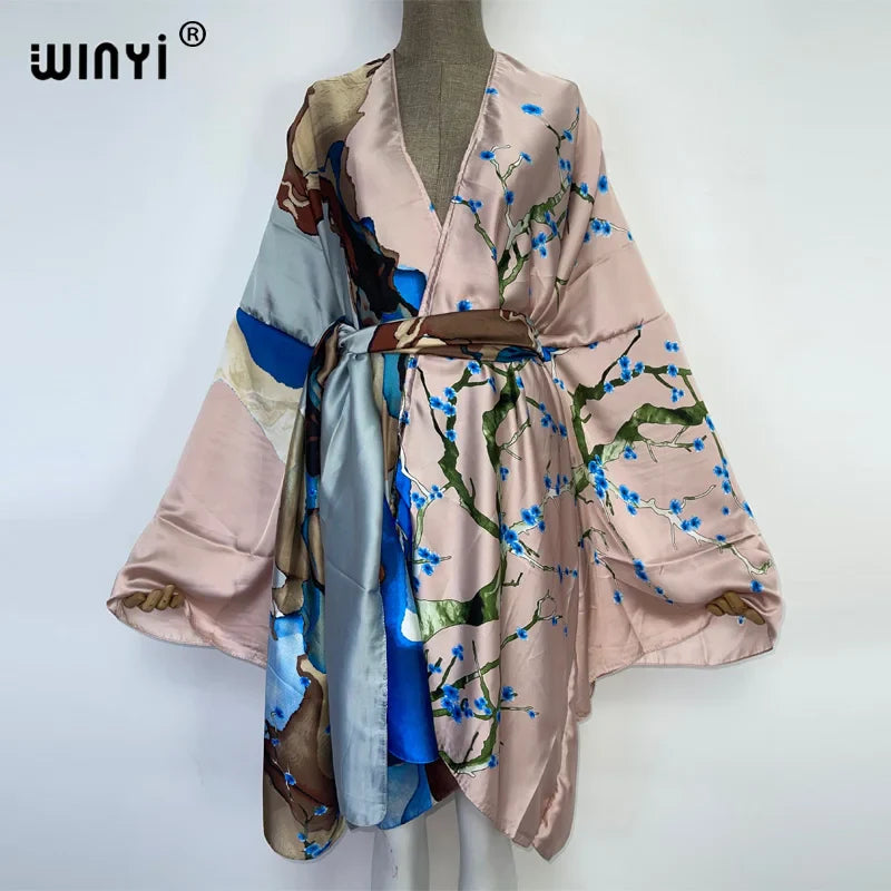 WINYI Summer Beach Wear Swim Suit Cover kaftan sweet lady boho Cardigan stitch Self Belted sexy Holiday long Sleeve Kimono
