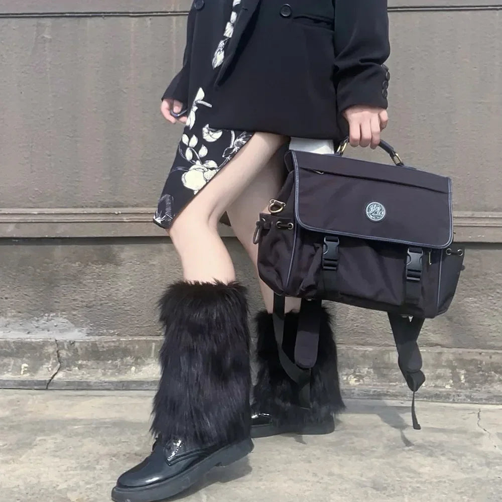 Japanese White Faux Fur Leg Warmers Boot Covers Y2K Goth Solid Leg Socks Punk Jk Knee-length Hiphop Hotgirl Fashion Warm Sock