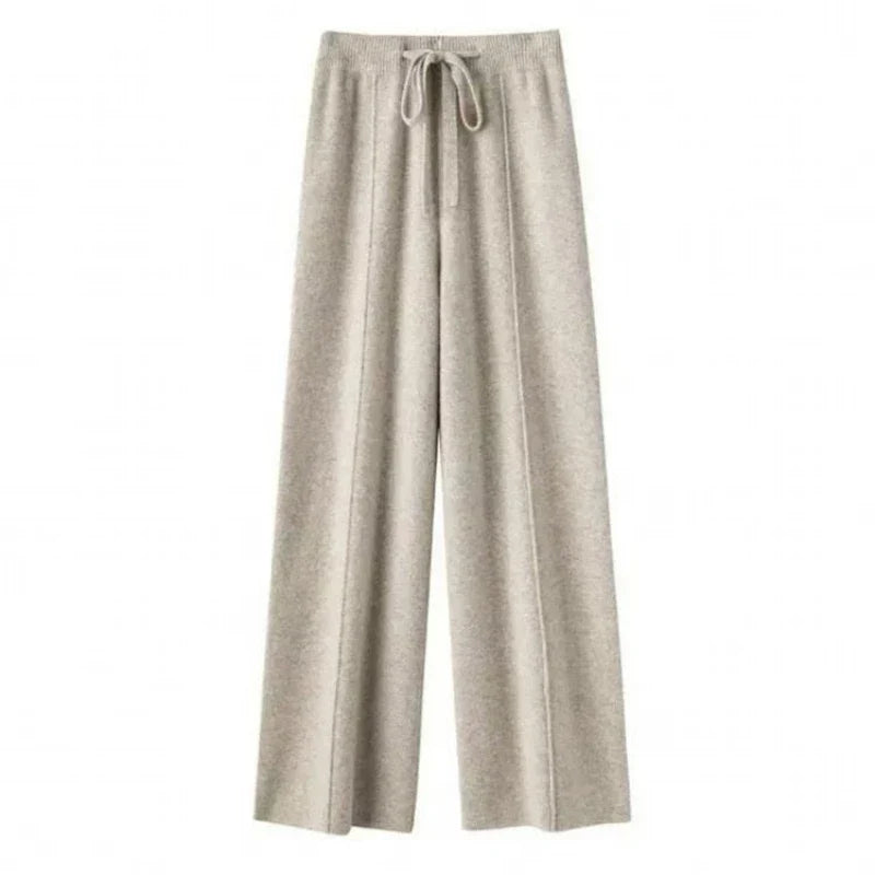 Women Merino Wool Knitted Wide Leg Pants Autumn Winter Basic Soft Warm Cashmere Knit Trousers Casual Simple Style Korean