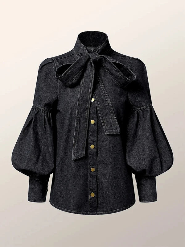 Vireous Women's Princess Sleeves High-Neck Bow Tie Denim-Look Blouse