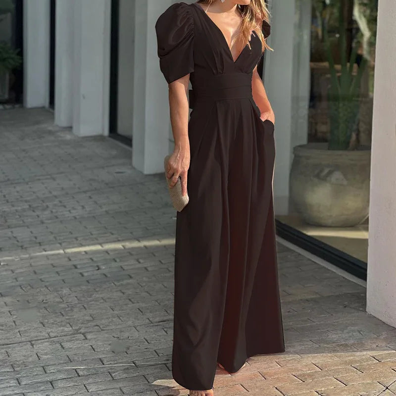 Full Size Cutout V-Neck Puff Sleeve Jumpsuit Plus Size