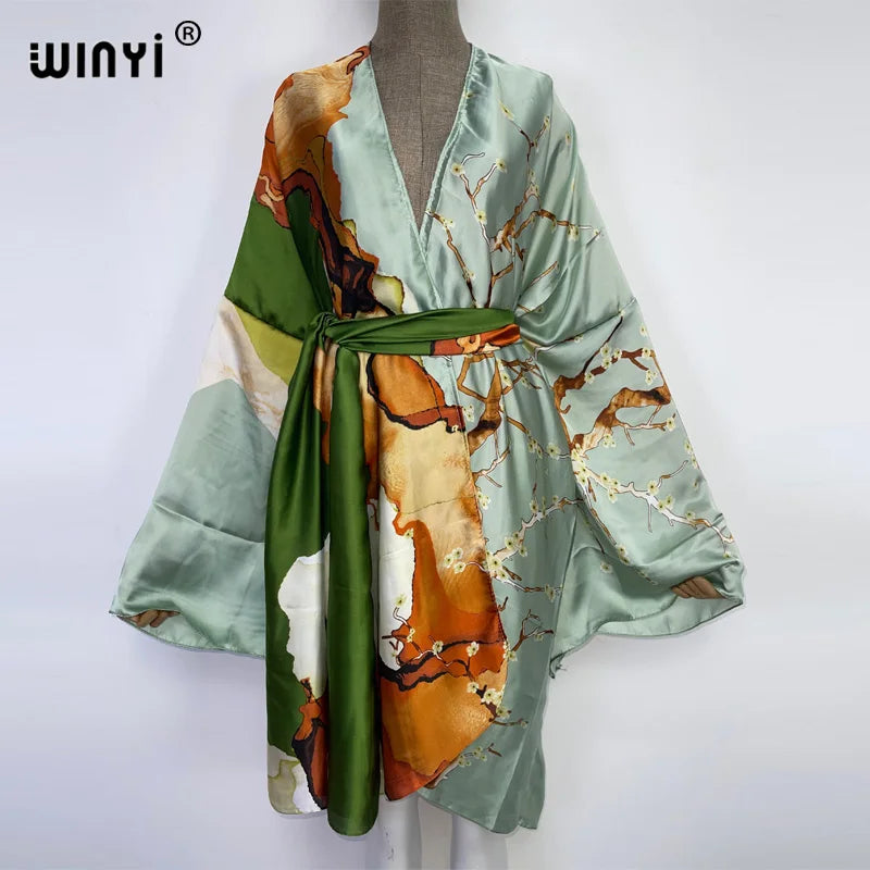 WINYI Summer Beach Wear Swim Suit Cover kaftan sweet lady boho Cardigan stitch Self Belted sexy Holiday long Sleeve Kimono