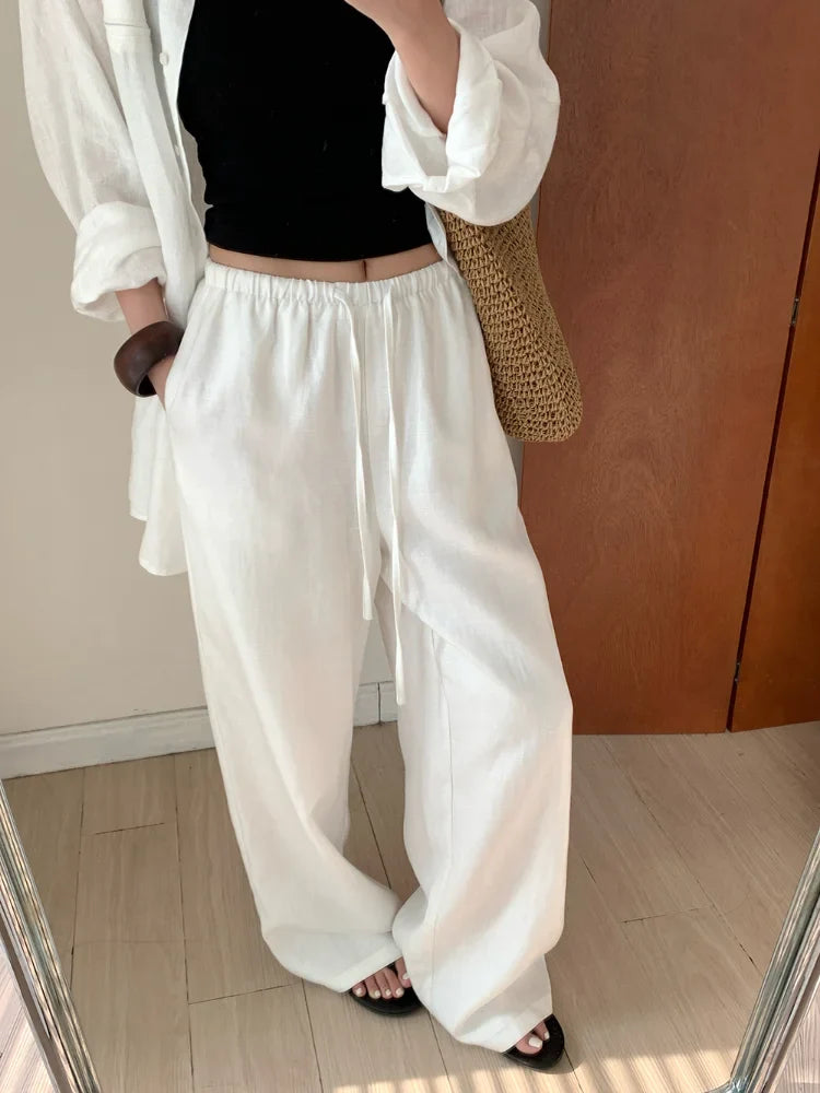 Slack Linen Wide-leg Pants Summer Loose Versatile Drawstring Straight White Casual Trousers Korean Fashion