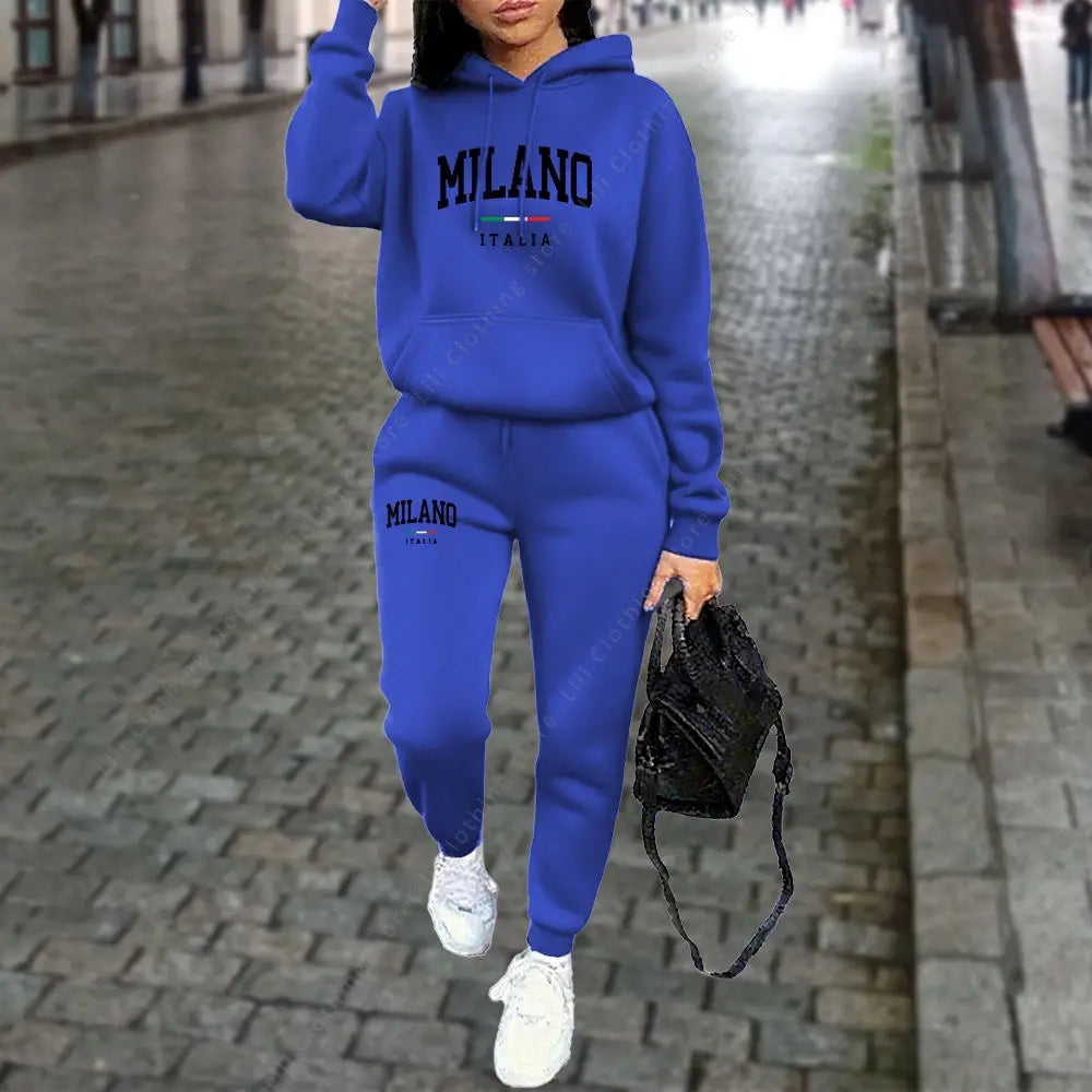 Autumn Winter Women's Sets 2pcs Hoodies Pants Suit Sports Outfits MILANO Letter Print Aesthetic Clothes Ladies Tracksuit