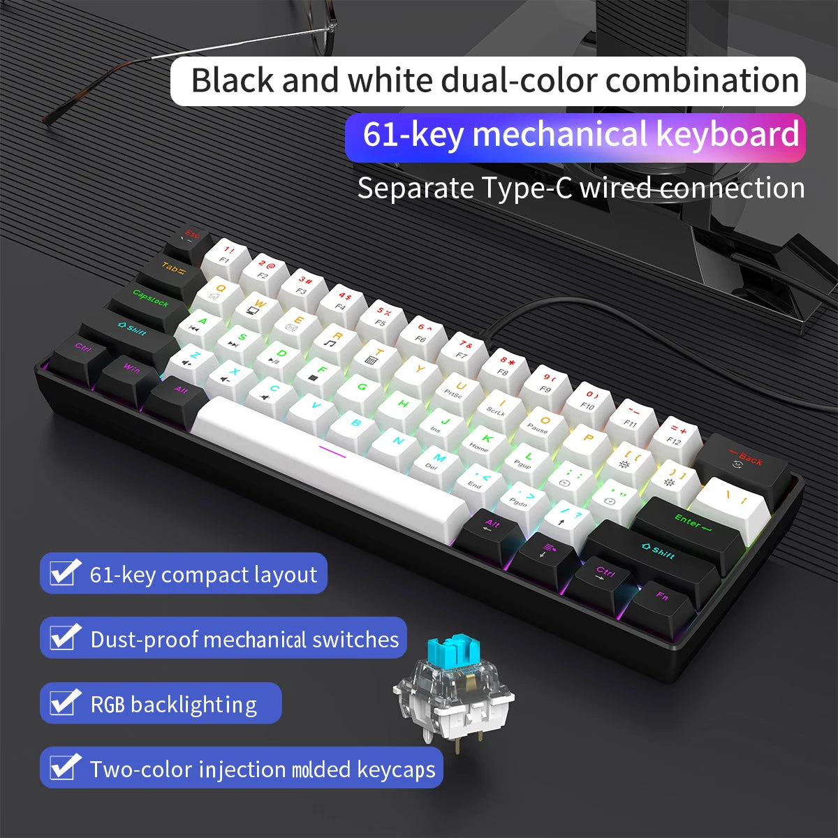 60% Wired Gaming Mechanical Keyboard RGB Backlit Ultra Compact Mini Layout for PC/Mac Gamers And Typists Easy Travel Design