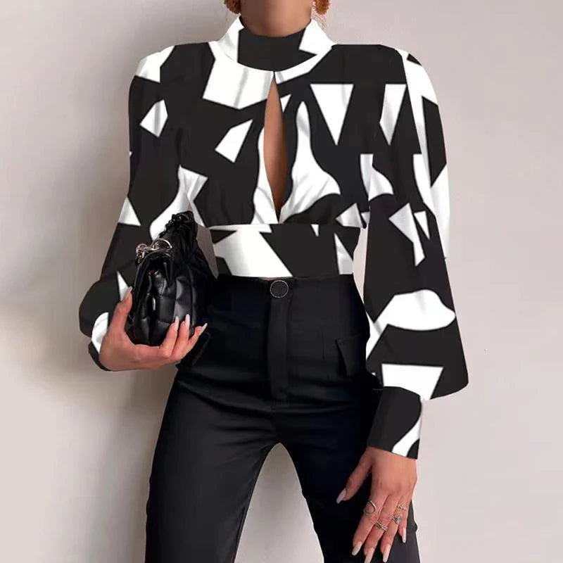 Spring Women Sexy Backless Hollow Print Shirts Tops  Casual Stand Long Sleeve Office Lady Blouses Fashion Party Crop Top