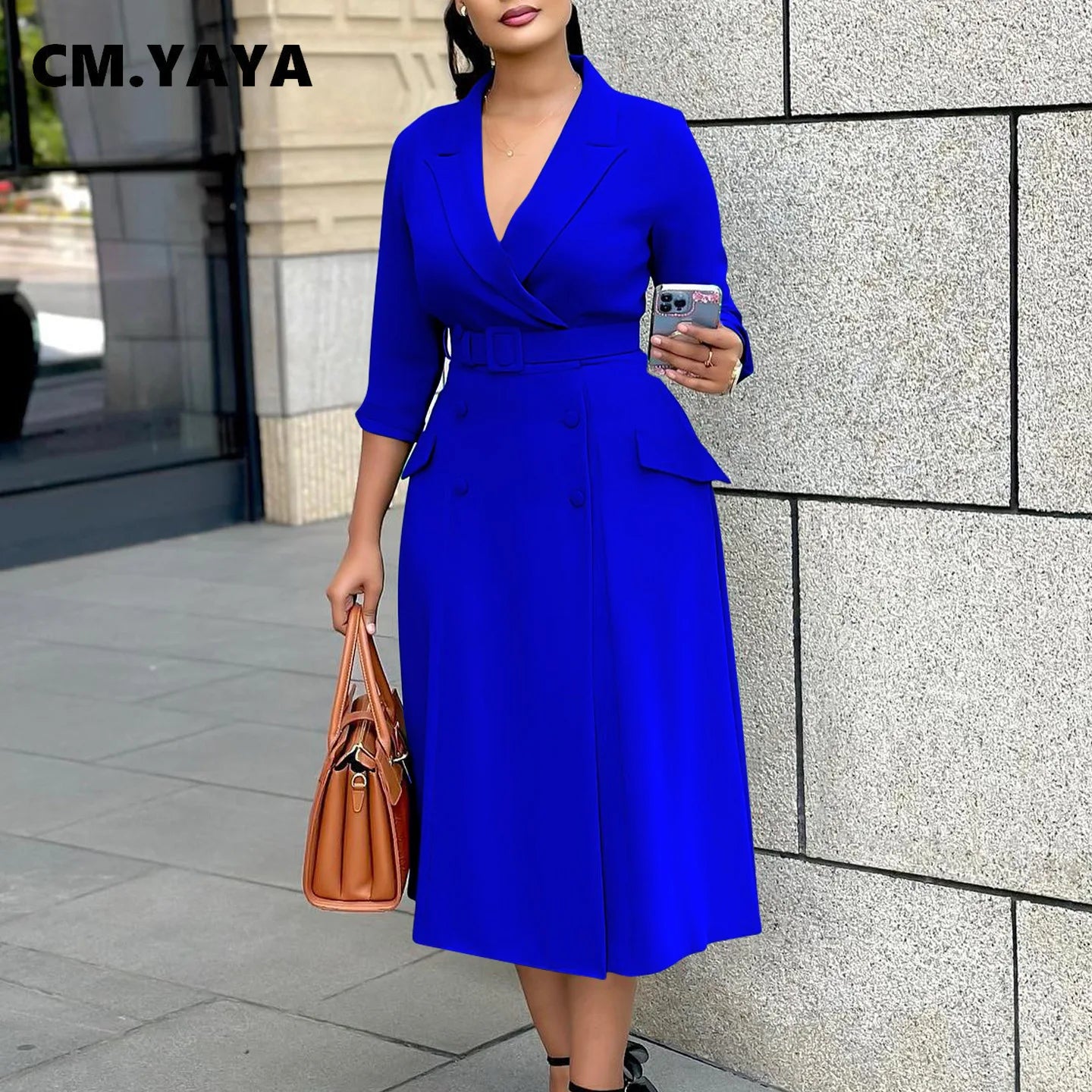 Women Notched Neck Elegant Full Sleeve Midi Dress Work Belt Streetwear Africa Party Club Dresses