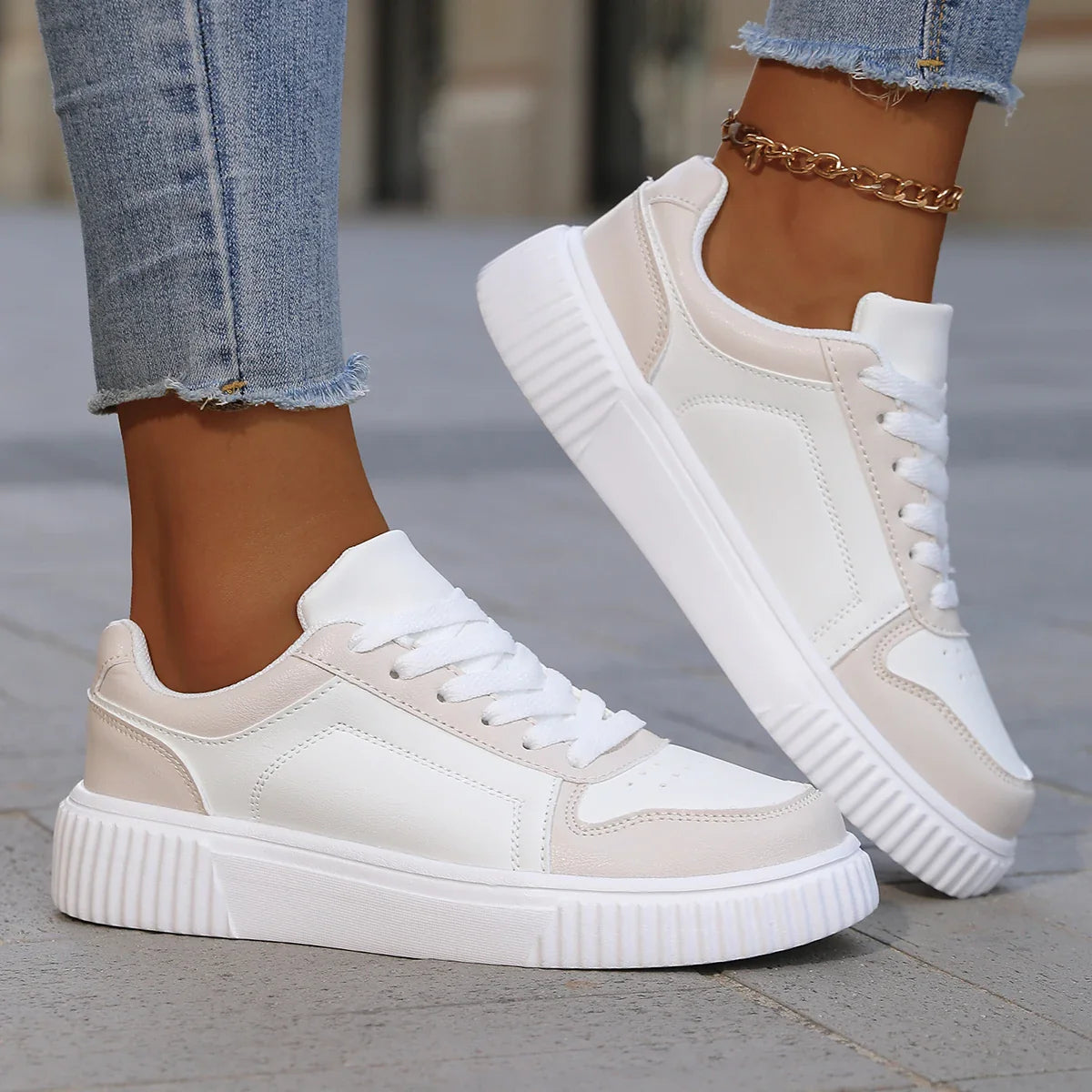 Clover – Women’s White Sneakers Lightweight Thick Sole Casual Shoes