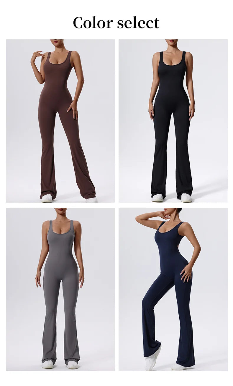 V Back Scrunch Gym Set Women Sport One-Piece Suit Yoga Suit Flared Pants Women Sports Jumpsuit Fitness Rompers Workout Bodysuits