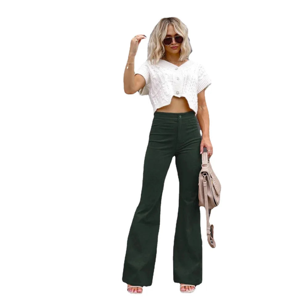 Women Corduroy Flared Pants Mid-Waist Slim Fit Bell-Bottom Trousers