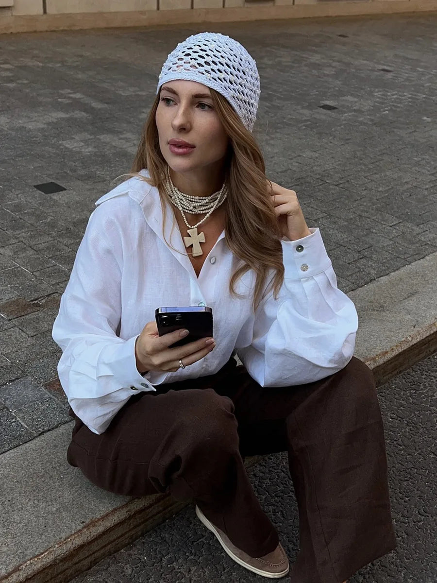 Bornladies 100% Cotton Spring Summer Versatile Lazy Casual Shirt Women's Fashionable Solid Color Loose Shirt Cardigan Shirt