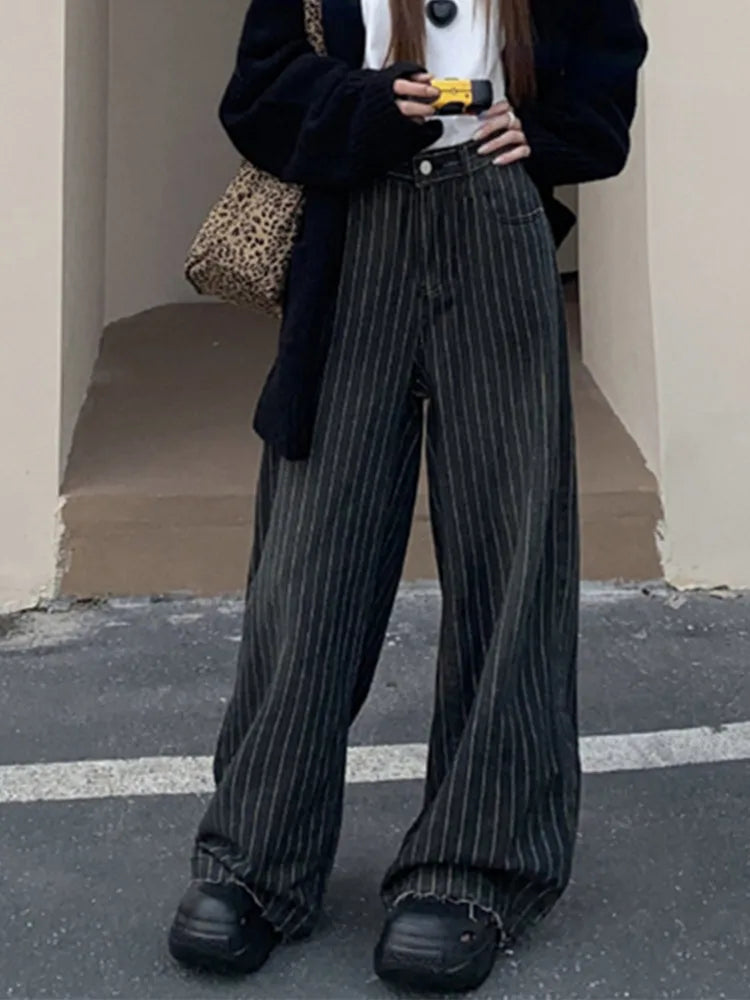 KG Ropa Y2K Fashion Vintage Striped Wide Leg Baggy Jeans Pants For Women Clothes Straight Washed Black Casual Lady Trousers