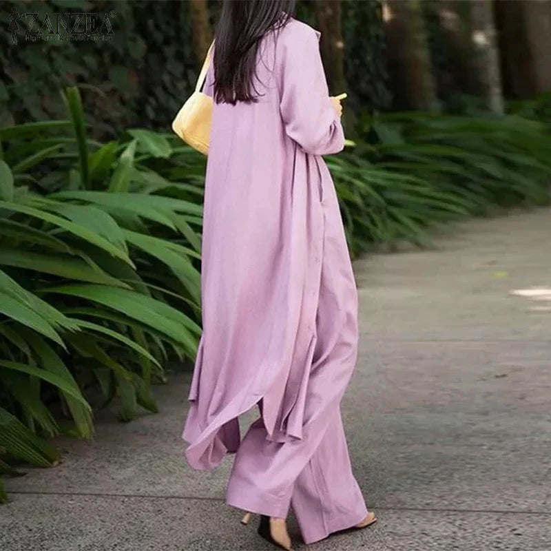 Women's Two Piece Pant Set With Wide Leg Pants And Long Sleeve Shirt