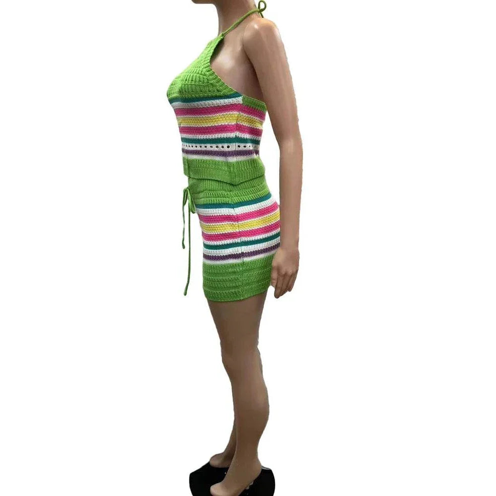 Vacation Outfits for Women - Two Piece Womens Halter Crop Top + Matching Skirt Set