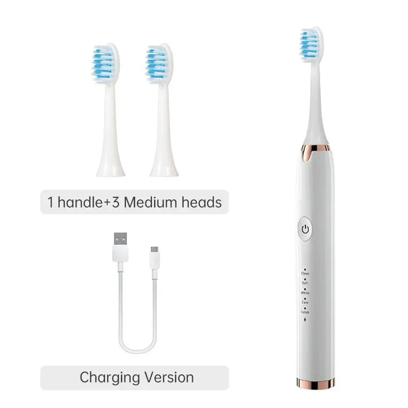 Sonic Whitening Toothbrush | USB Rechargeable, Waterproof Electronic with 4x Brush Heads