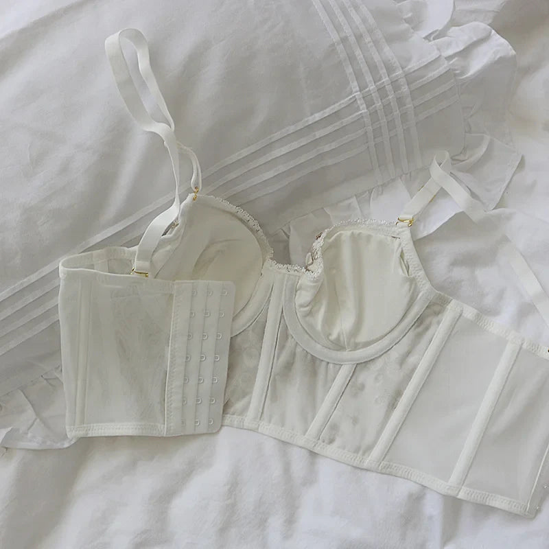 3D Embroidered Sexy Lace Fish Bone Corset Bralette with Steel Ring - 2/1 Half Cup Underwear