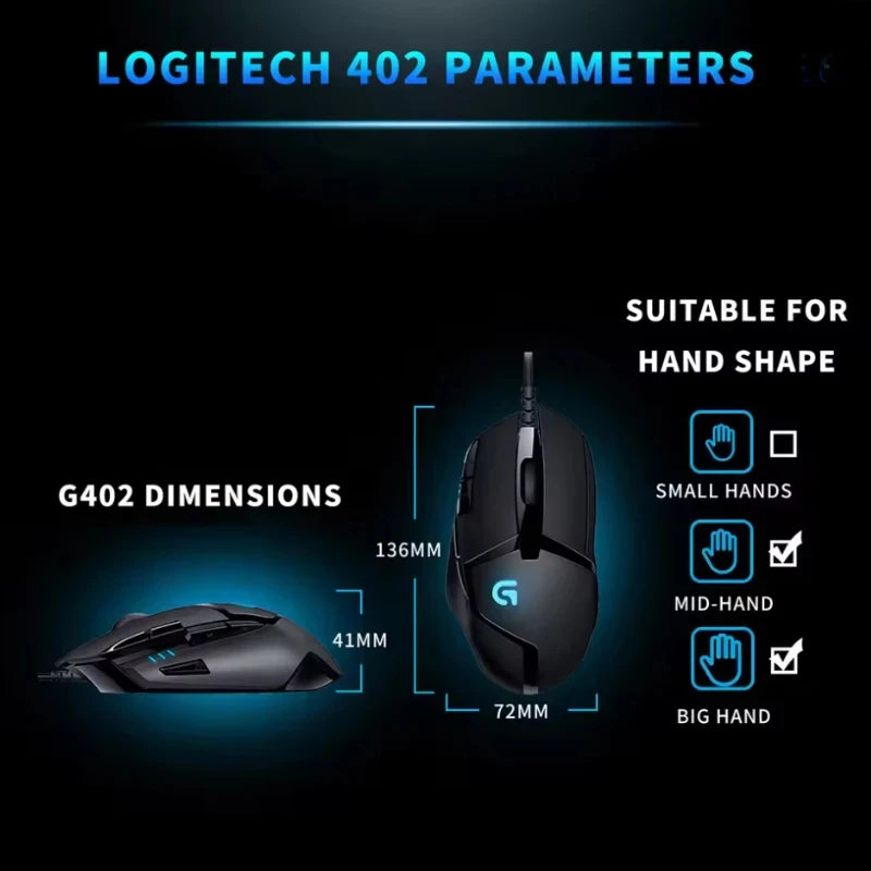 Logitech G402 Wired Gaming Mouse with 8 Programmable Buttons, High-speed Fusion Engine, RGB Lighting, for PC Laptop Gamers