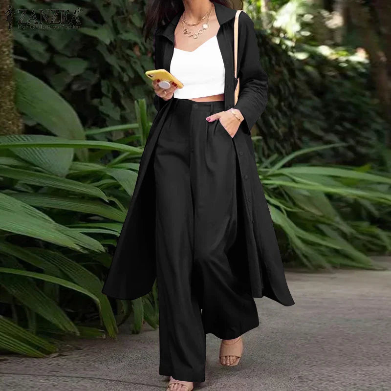 Women's Two Piece Pant Set With Wide Leg Pants And Long Sleeve Shirt