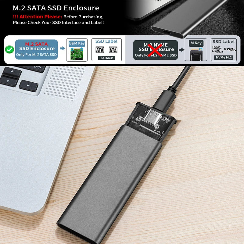 M.2 SATA NGFF SSD Enclosure Tool-Free USB3.1 Type C 5Gbps External Solid State Enclosure Adapter for 2280/2260/2242/2230 SSD