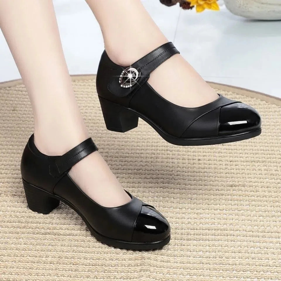 Women's Casual Round Head Chunky Heel Buckle High Heels