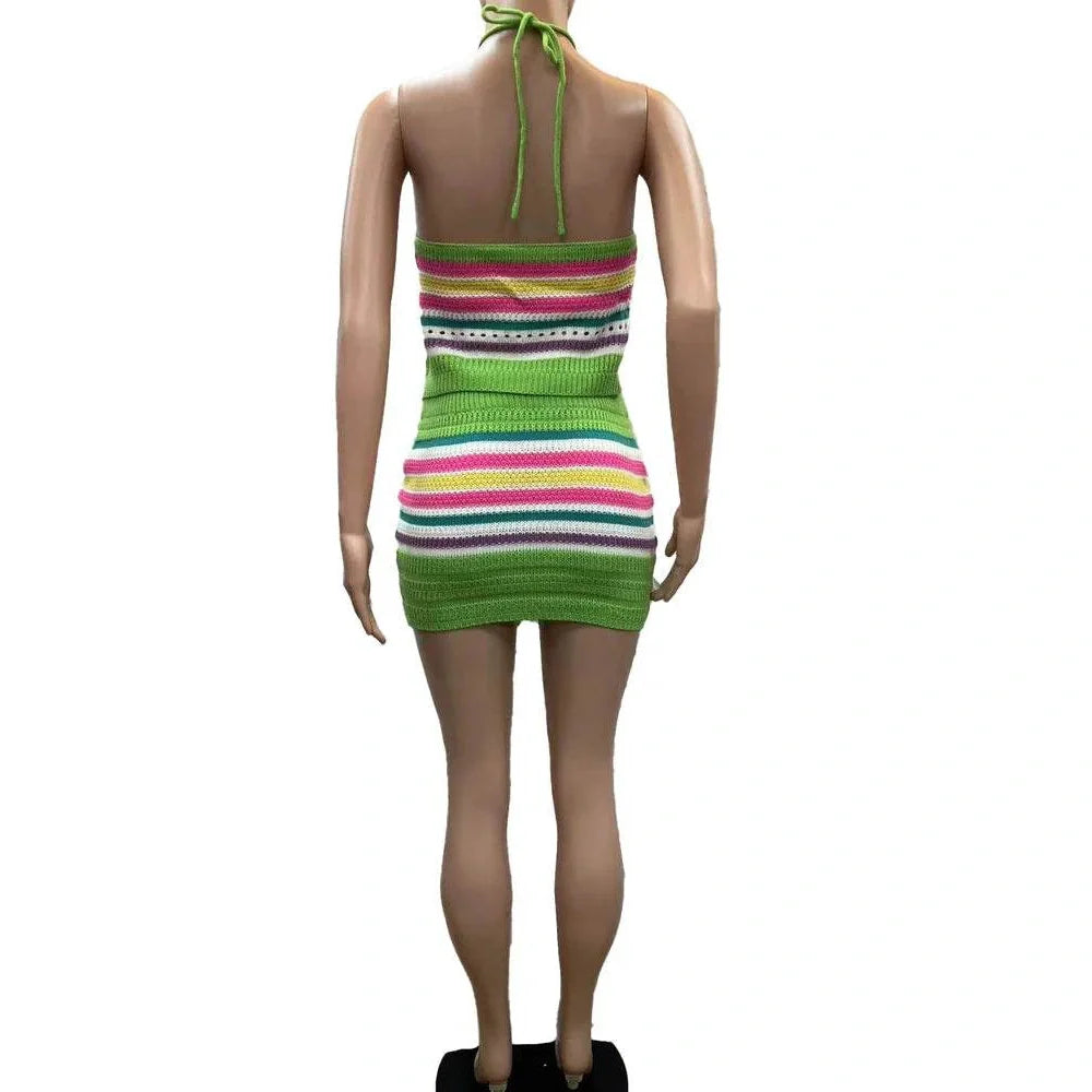 Vacation Outfits for Women - Two Piece Womens Halter Crop Top + Matching Skirt Set