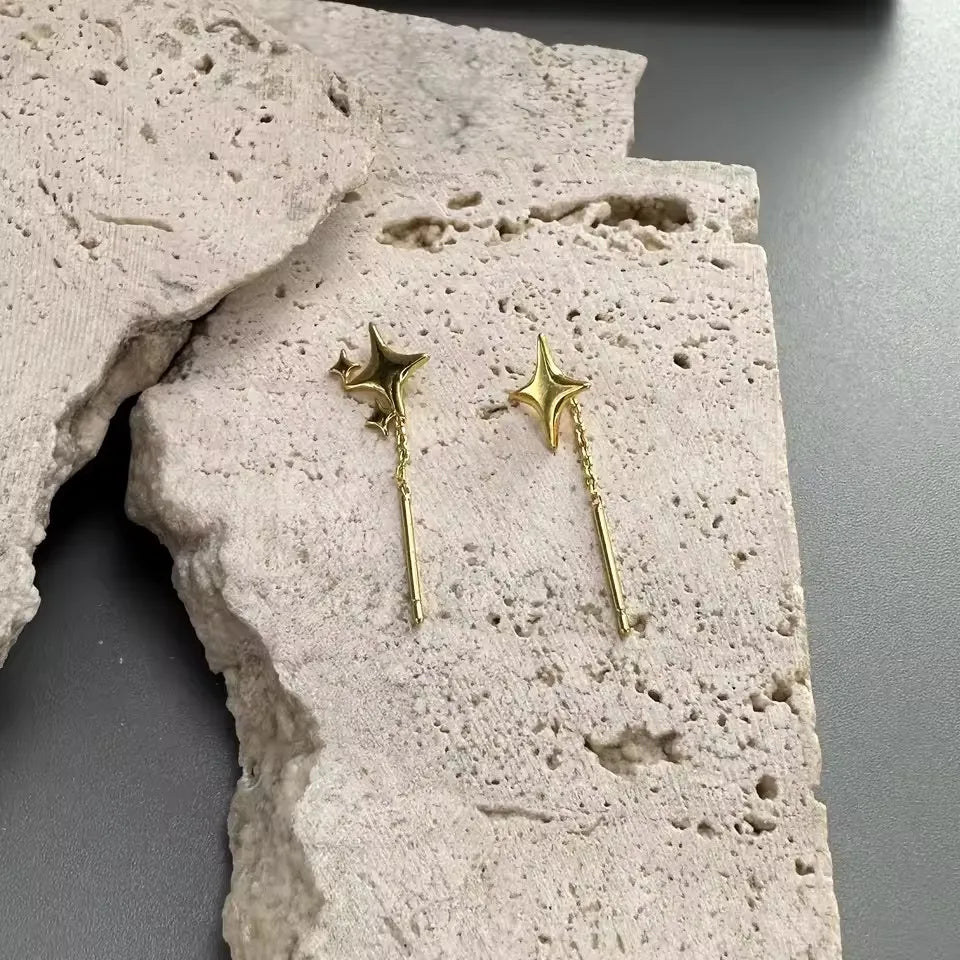 Sterling Silver Star Drop Earrings With Tassel Chain