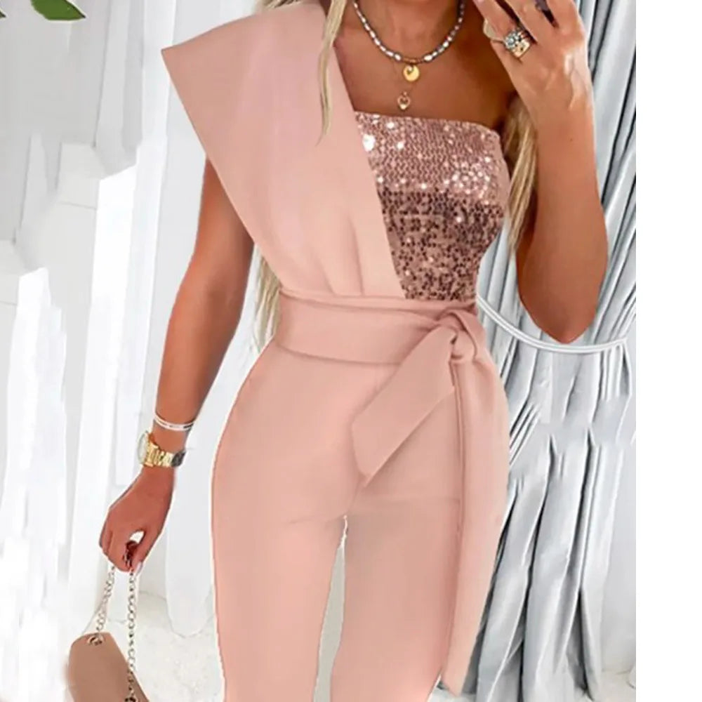 Women’s Jumpsuit Wedding Guest Elegant Sequins One Shoulder Bodycon