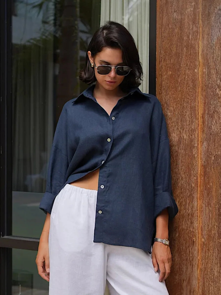 Bornladies 100% Cotton Spring Summer Versatile Lazy Casual Shirt Women's Fashionable Solid Color Loose Shirt Cardigan Shirt