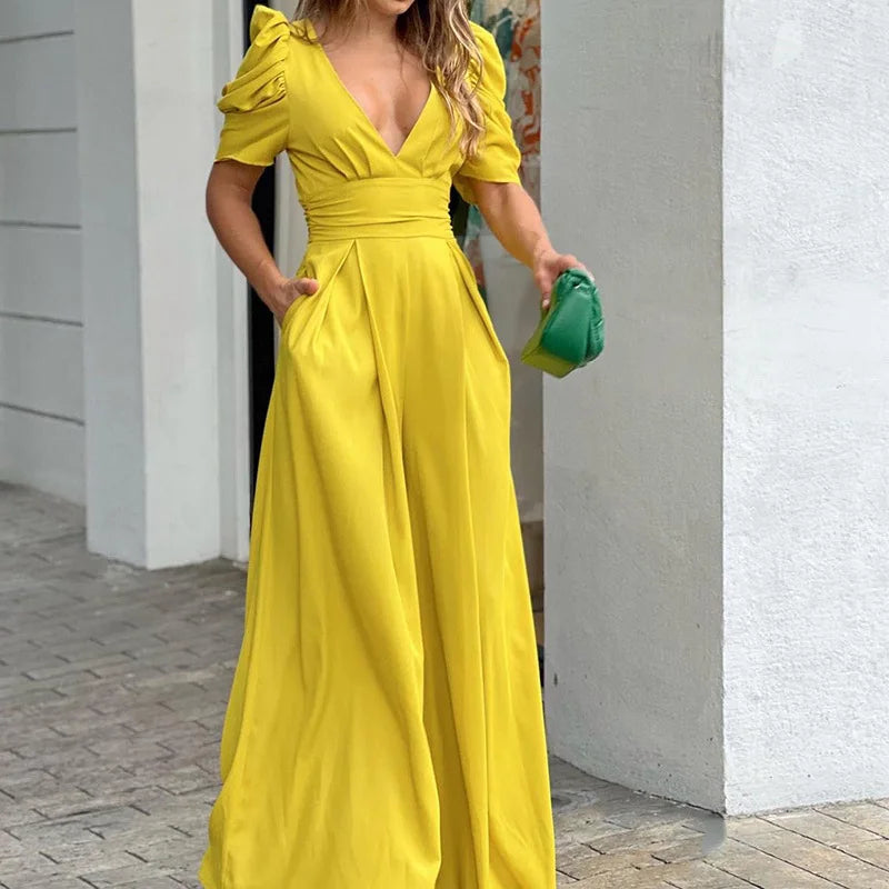 Full Size Cutout V-Neck Puff Sleeve Jumpsuit Plus Size