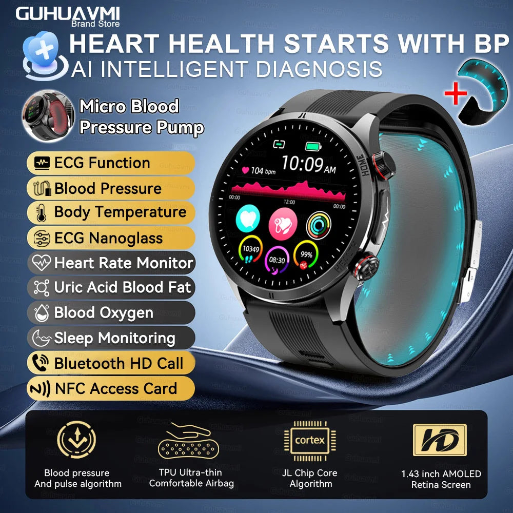 2026New Blood Pressure Air Pump Airbag Accurate Measure Smart Watch Men Micro Physical Examination Health ECG Smartwatch NFC BOX