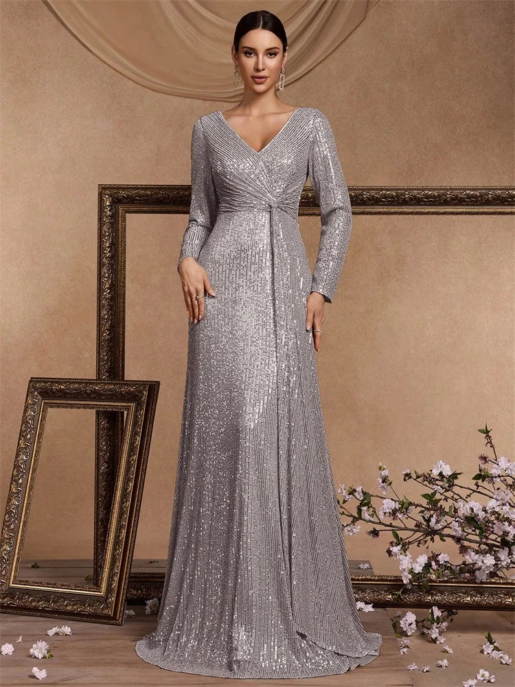Silver Lumina Draped Sequin Evening Gown