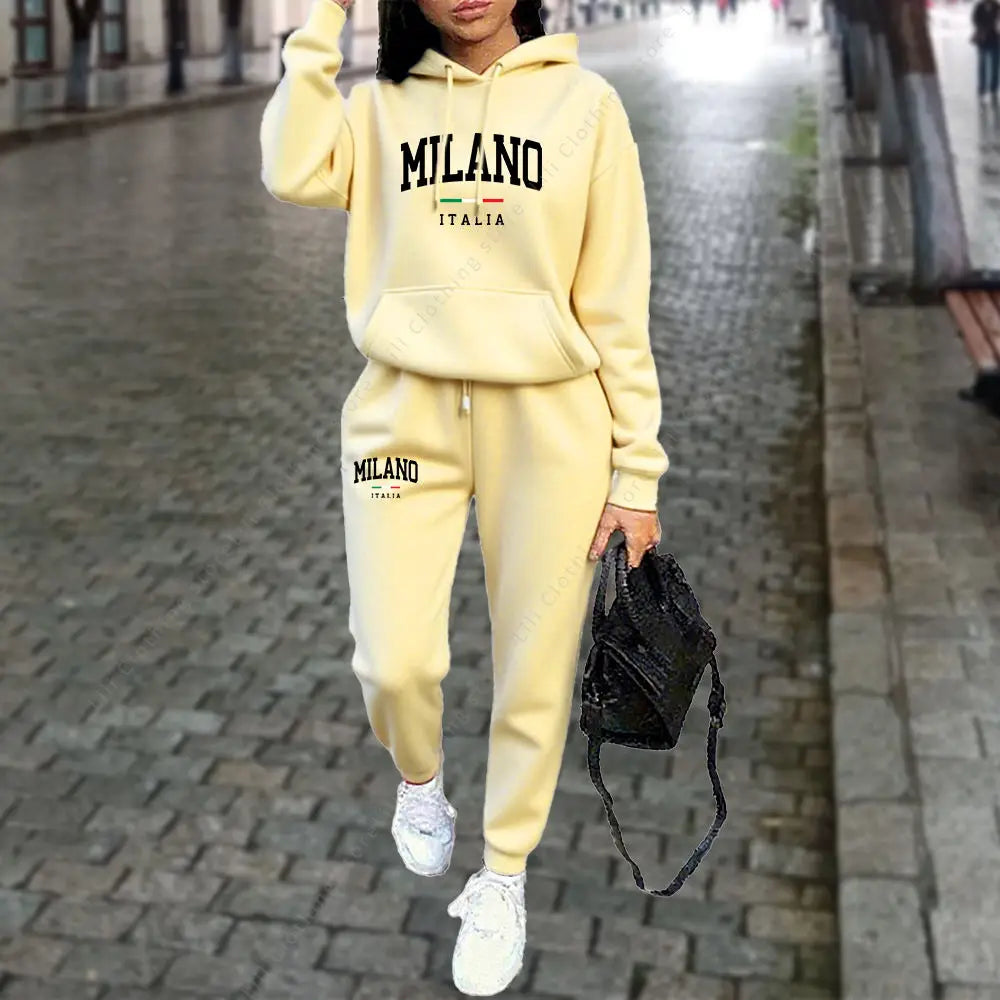 Autumn Winter Women's Sets 2pcs Hoodies Pants Suit Sports Outfits MILANO Letter Print Aesthetic Clothes Ladies Tracksuit