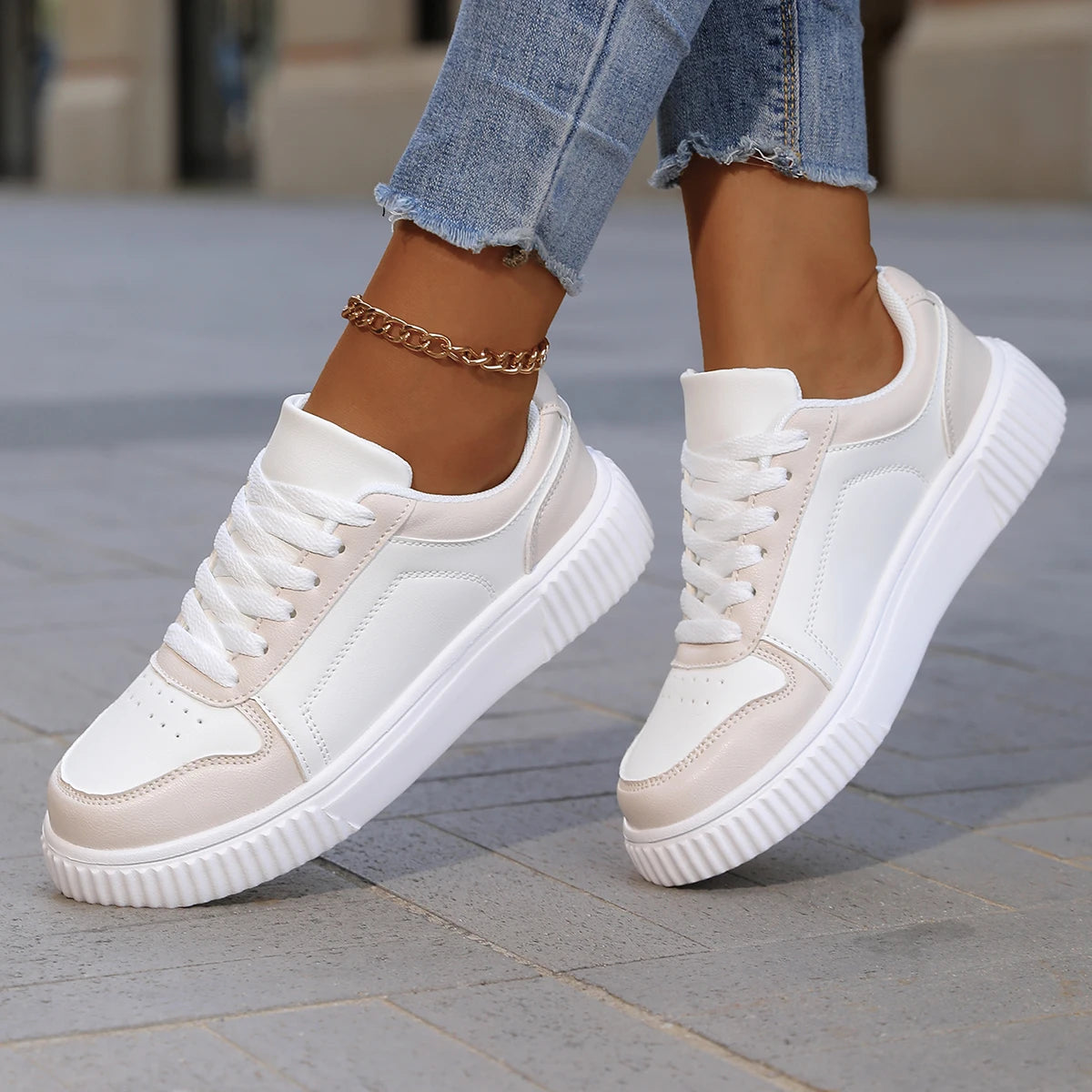 Clover – Women’s White Sneakers Lightweight Thick Sole Casual Shoes
