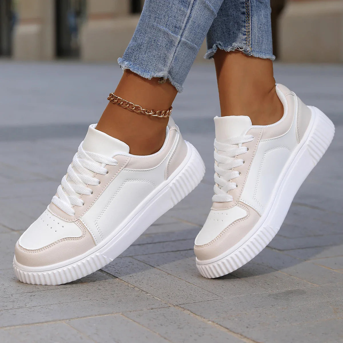 Clover – Women’s White Sneakers Lightweight Thick Sole Casual Shoes