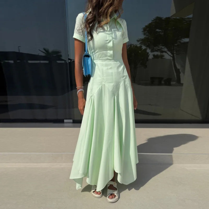 Fashion Women's Shirt Style Dress Turn-Down Collar Short Sleeve Solid Lady Dresses Irregular 2025 Summer Elegant Female Robe