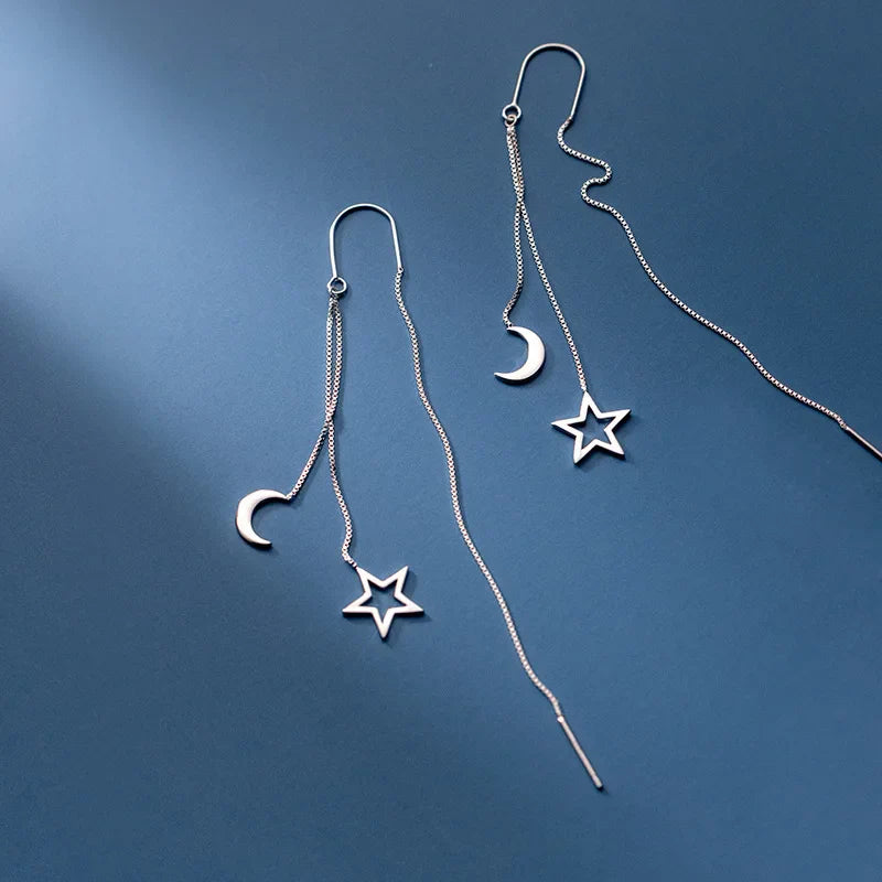 Sterling Silver Star Drop Earrings With Tassel Chain