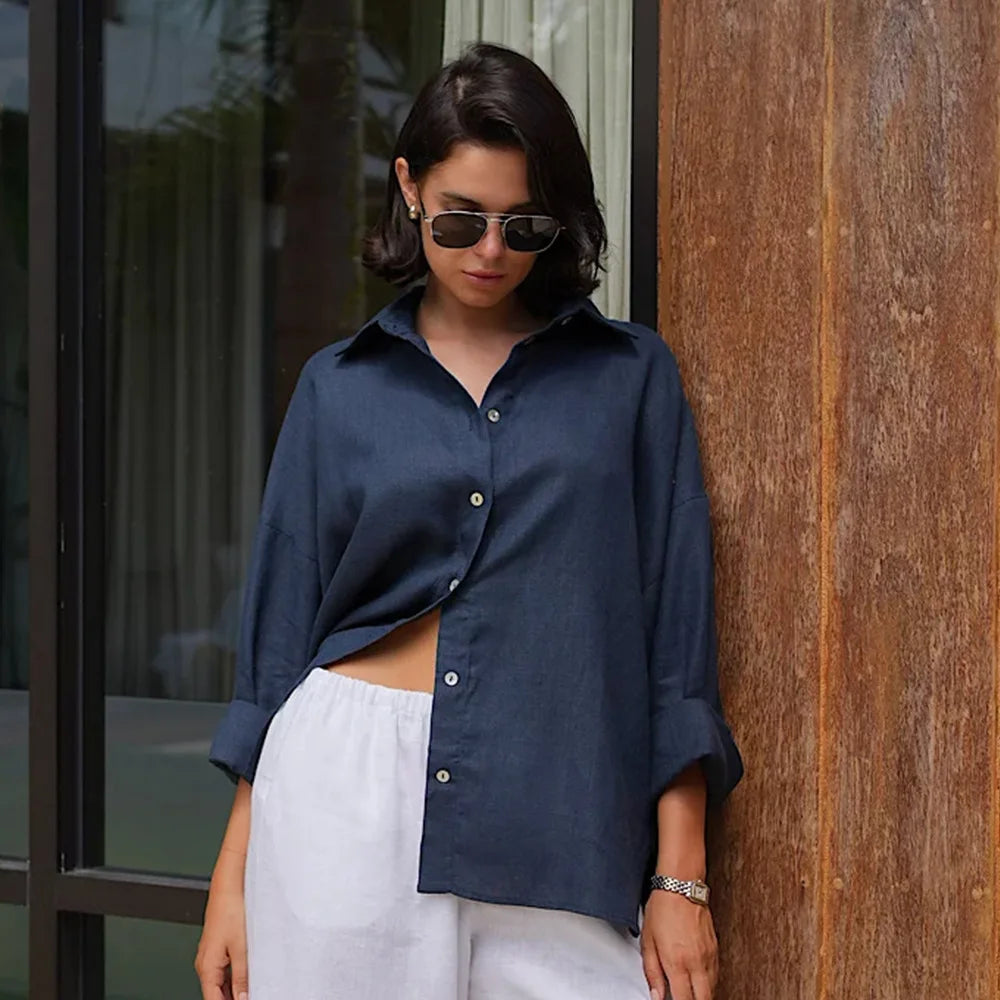 Bornladies 100% Cotton Spring Summer Versatile Lazy Casual Shirt Women's Fashionable Solid Color Loose Shirt Cardigan Shirt