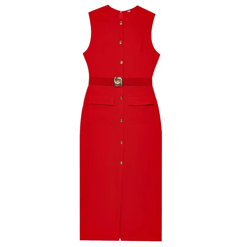 HXAO Red Black Women's Dress Sleeveless Casual Elegant Woman Party Dress Summer Belt Button Long Dresses Tank Midi Dress 088