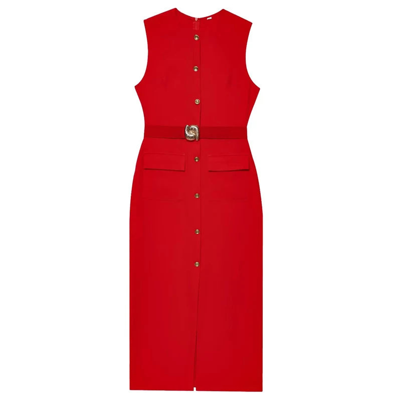 HXAO Red Black Women's Dress Sleeveless Casual Elegant Woman Party Dress Summer Belt Button Long Dresses Tank Midi Dress 088